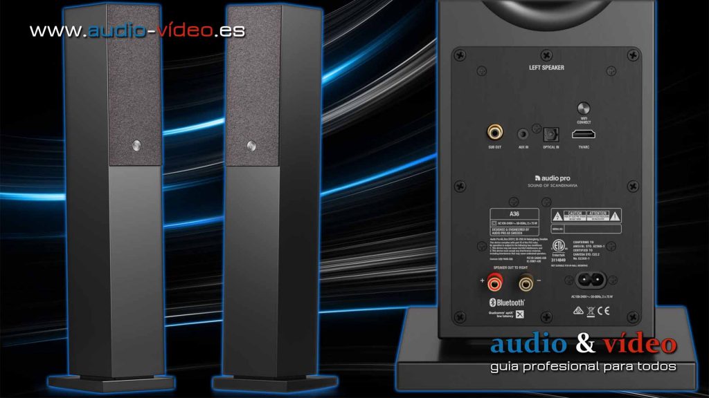 Audio Pro A36 - altavoces de suelo con Bluetooth - frente, conectores