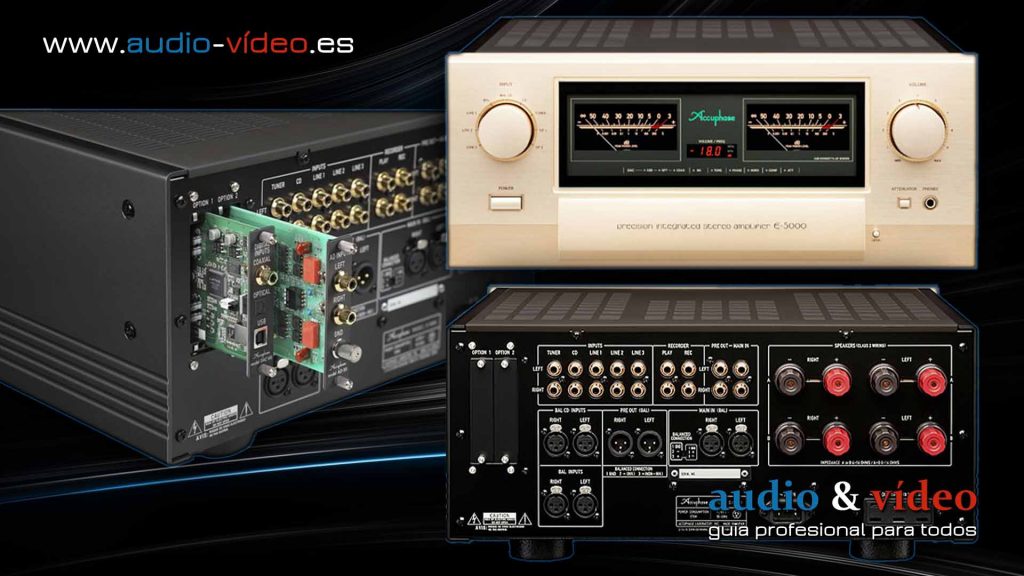 Accuphase E-5000: Amplificador Integrado con 5 transistores por canal - frente, panel trasero - conectores, entrada y tarjetas