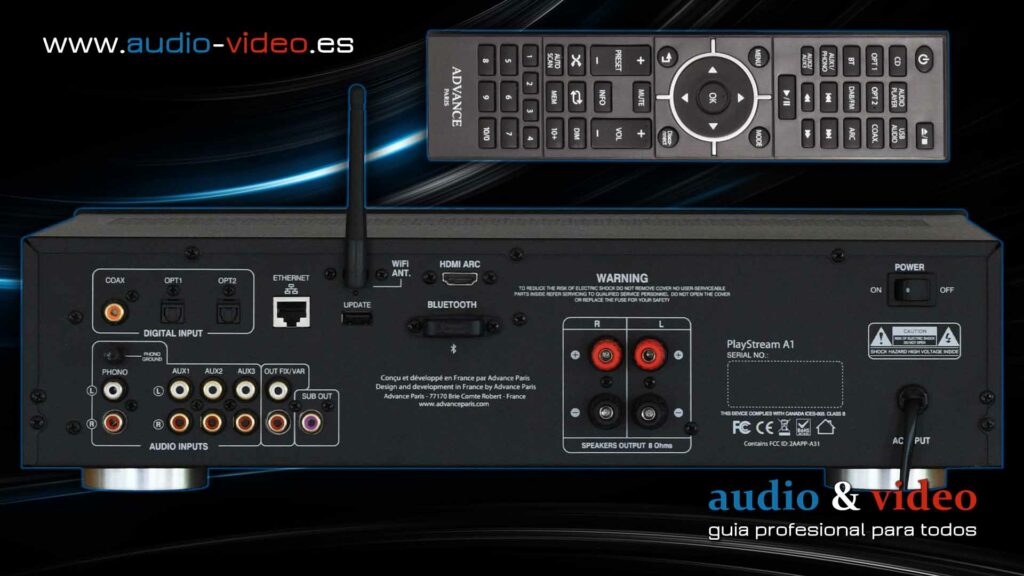 Advance Paris - PlayStream A1 - amplificador y streamer HiFi - panel trasero, mando a distancia